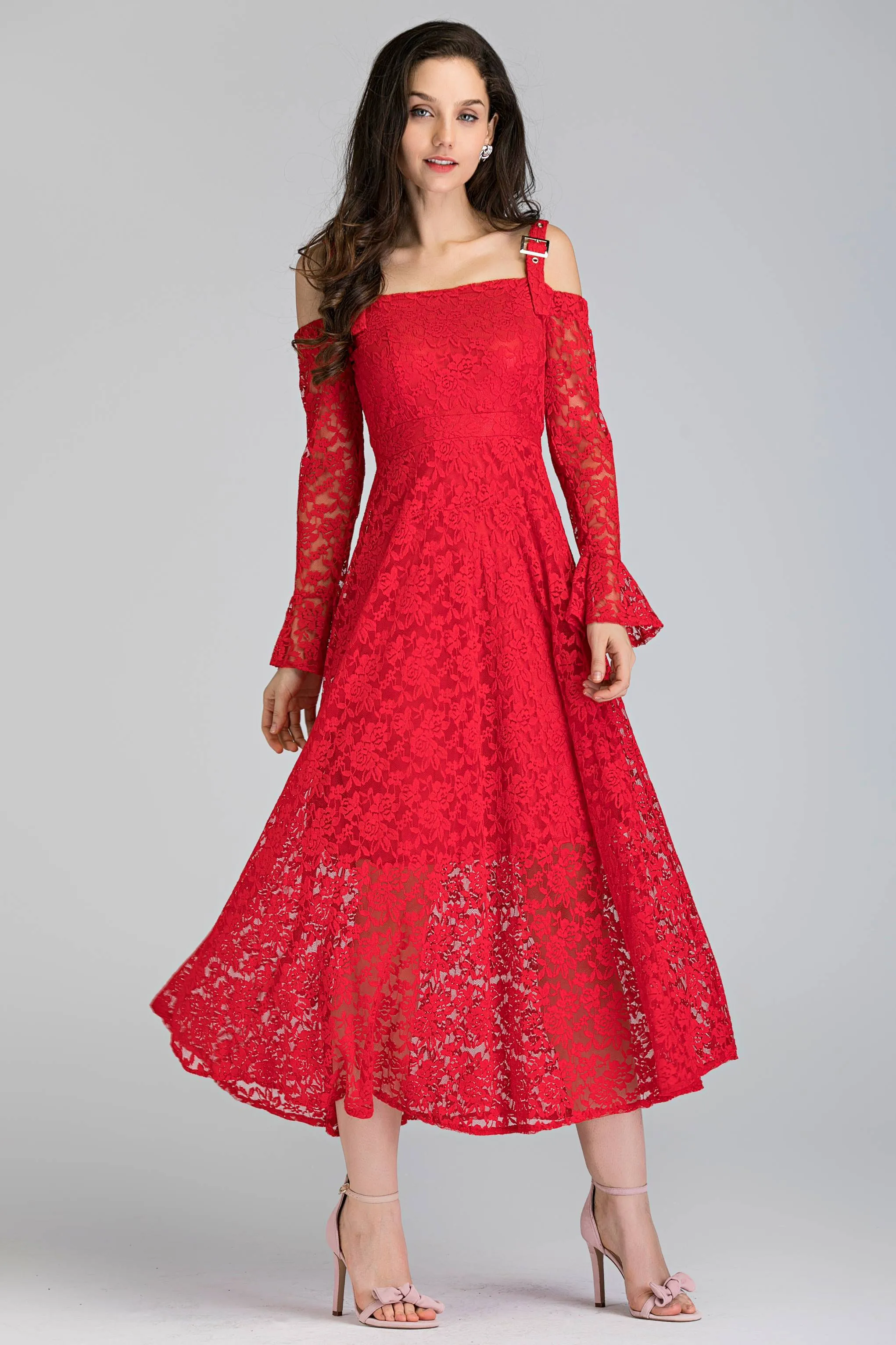 Red Soft Lace Belt Strap Cold Shoulder Maxi Dress