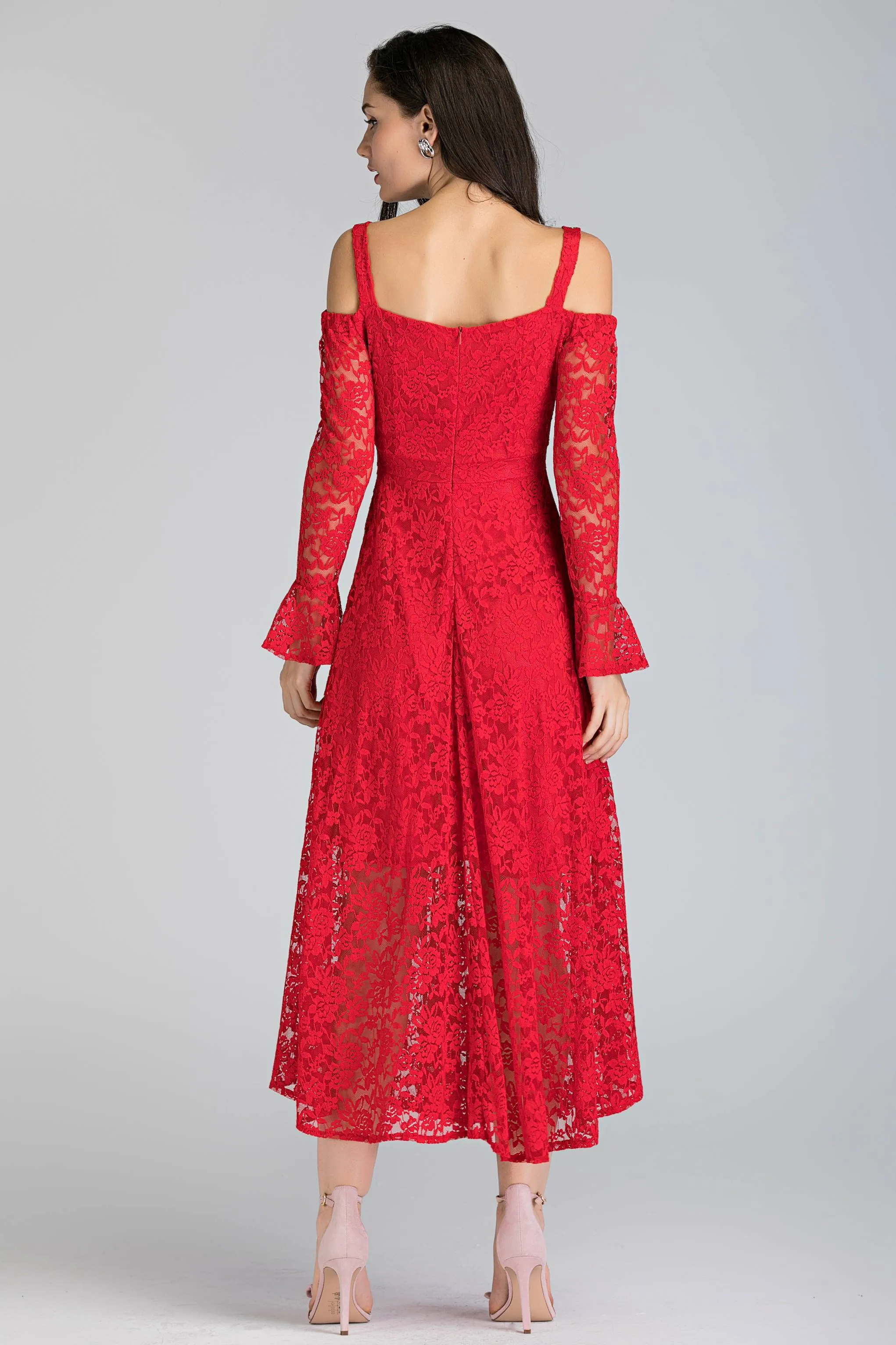 Red Soft Lace Belt Strap Cold Shoulder Maxi Dress