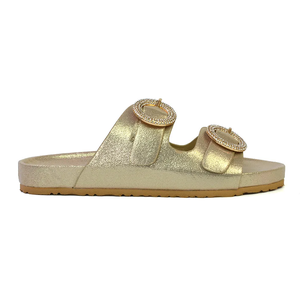 Reggie Double Strap Diamante Slip On Flat Sandals Sliders in Gold