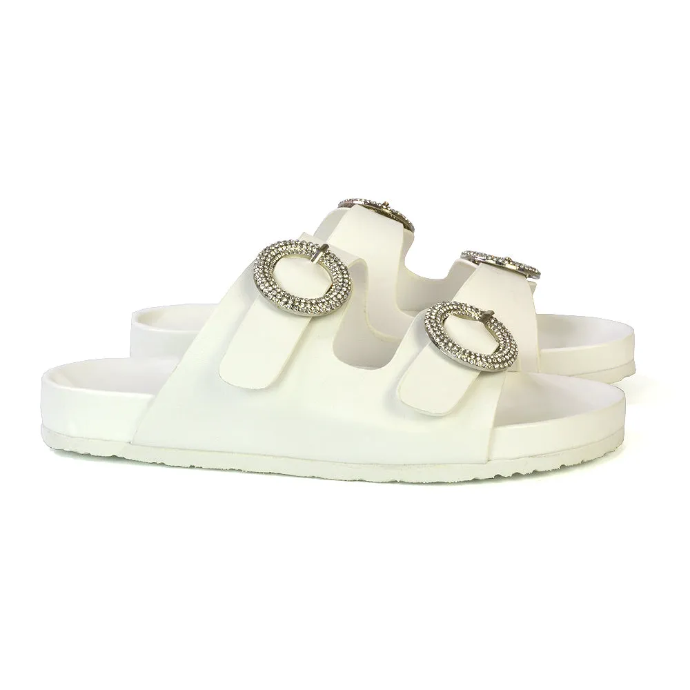 Reggie Double Strap Diamante Slip On Flat Sandals Sliders in Gold