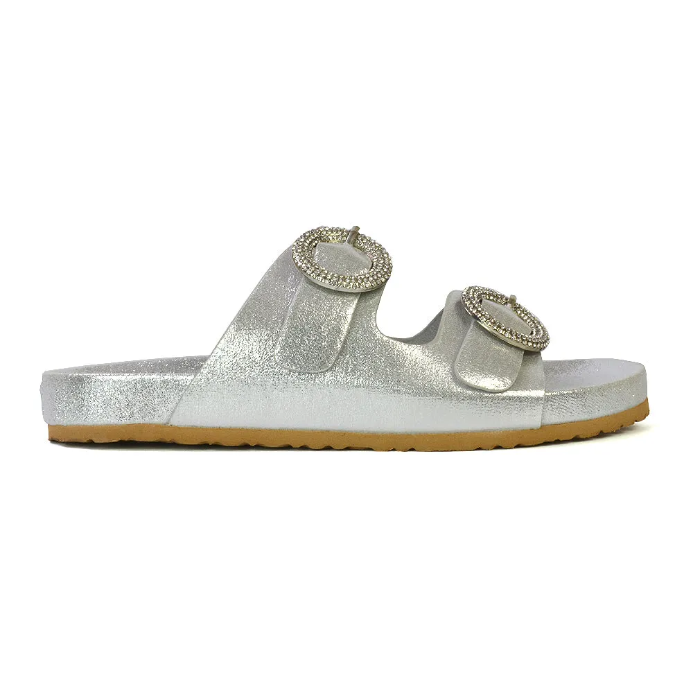 Reggie Double Strap Diamante Slip On Flat Sandals Sliders in Gold