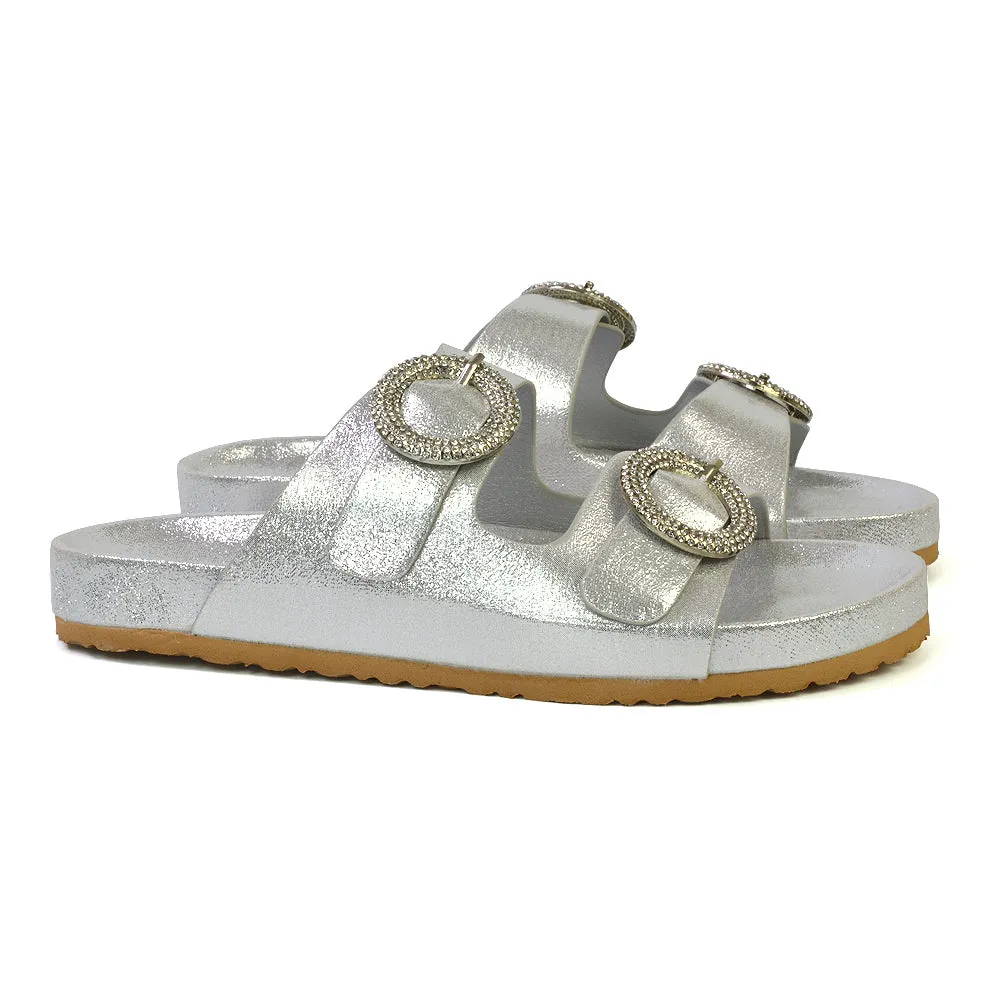 Reggie Double Strap Diamante Slip On Flat Sandals Sliders in Gold