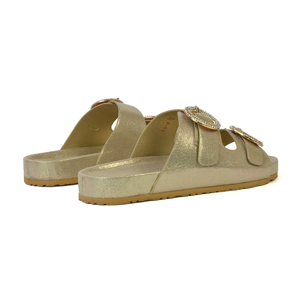 Reggie Double Strap Diamante Slip On Flat Sandals Sliders in Gold