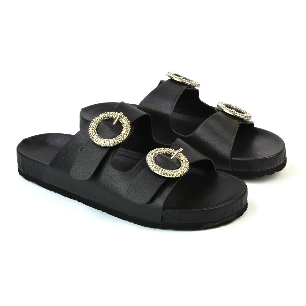 Reggie Double Strap Diamante Slip On Flat Sandals Sliders in Gold