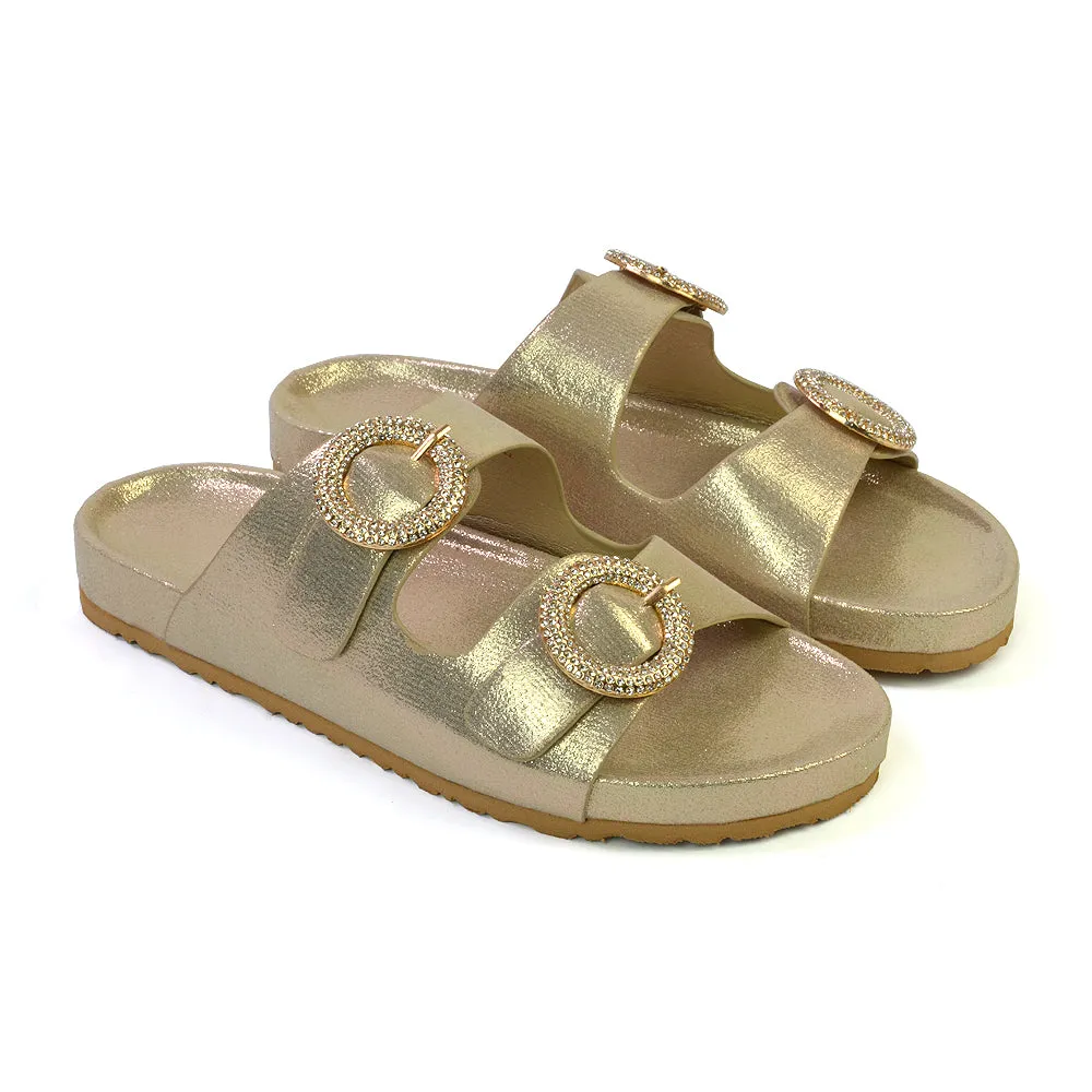 Reggie Double Strap Diamante Slip On Flat Sandals Sliders in Gold