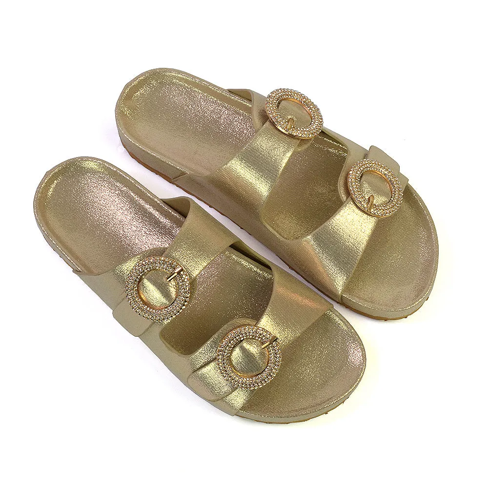 Reggie Double Strap Diamante Slip On Flat Sandals Sliders in Gold