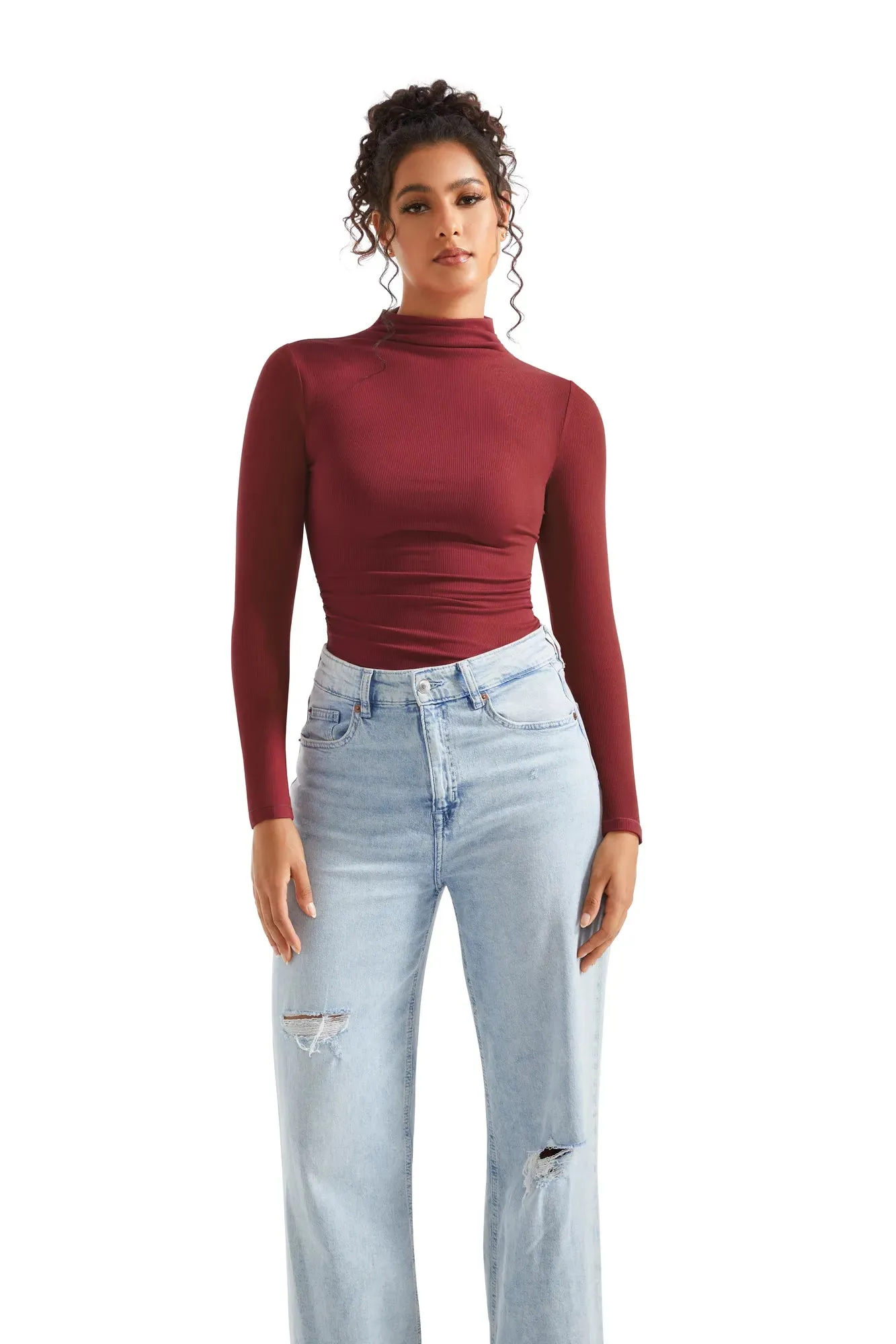 Ribbed Modal High Neck Shirt - Long Sleeve