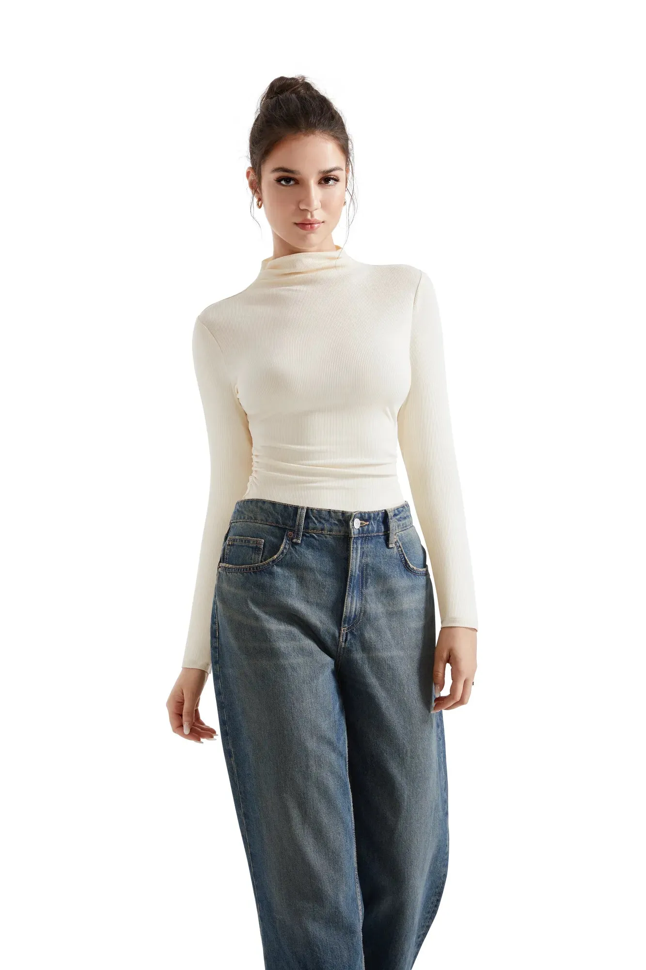 Ribbed Modal High Neck Shirt - Long Sleeve