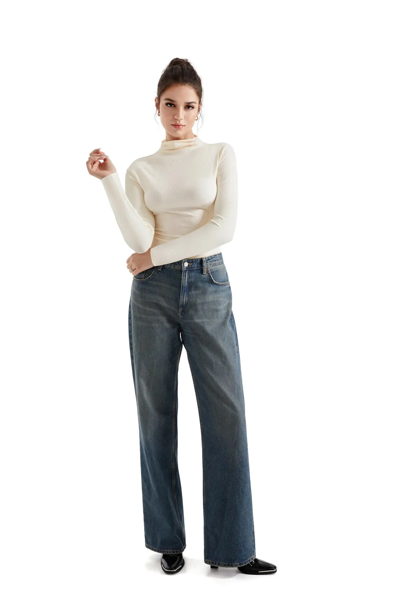 Ribbed Modal High Neck Shirt - Long Sleeve