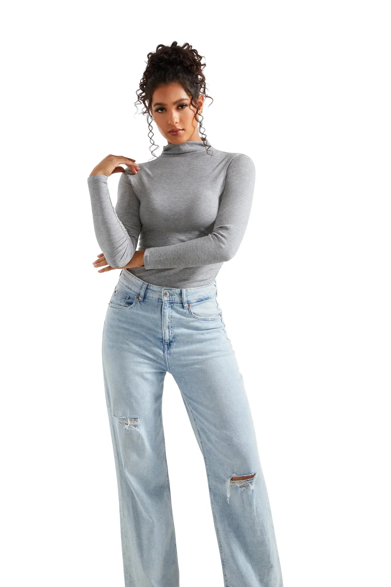 Ribbed Modal High Neck Shirt - Long Sleeve