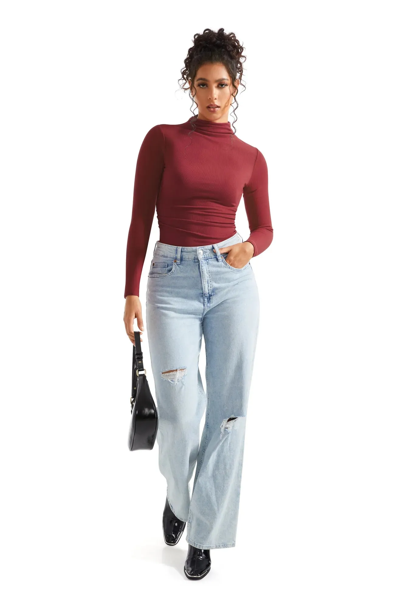 Ribbed Modal High Neck Shirt - Long Sleeve