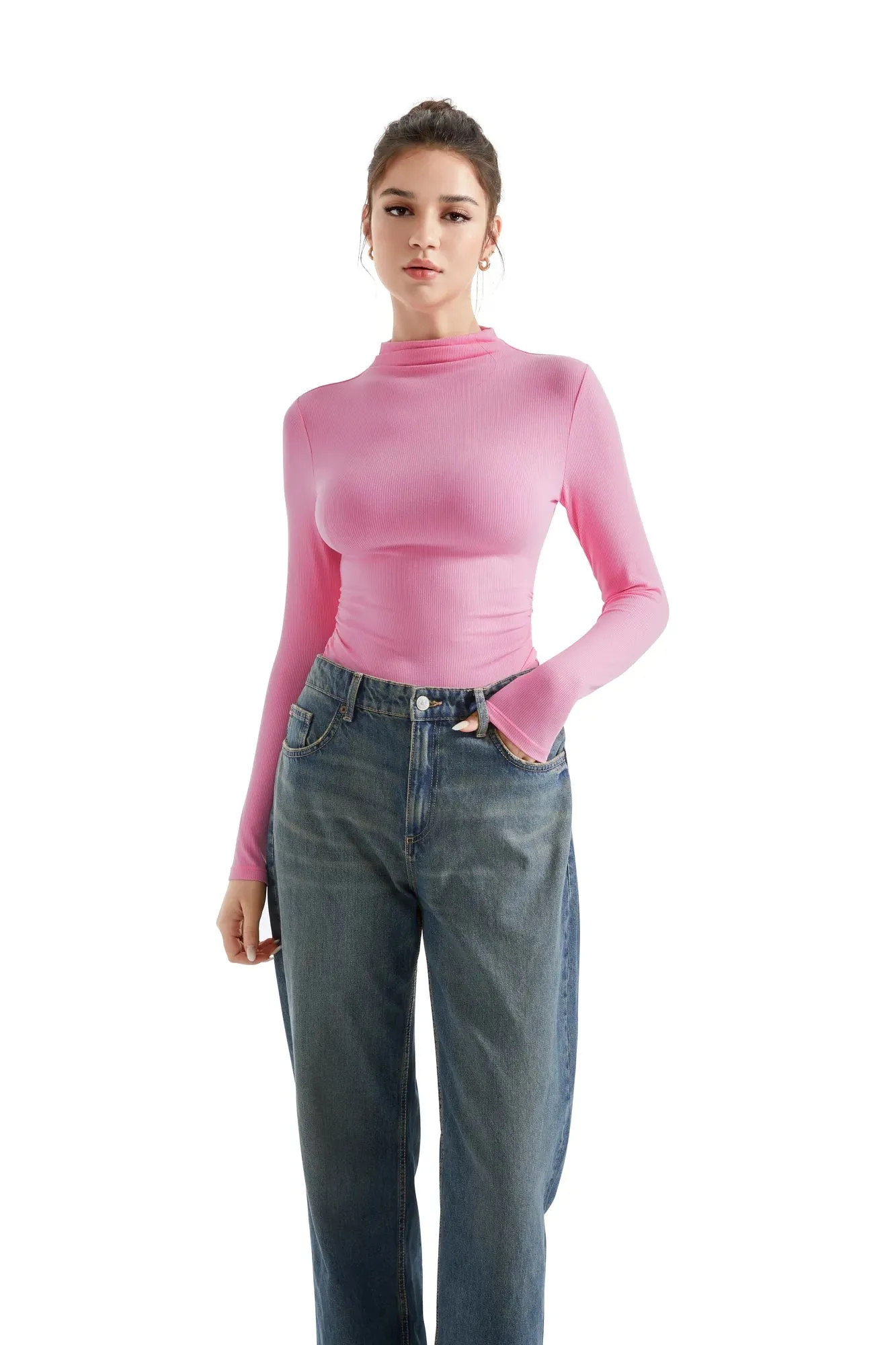 Ribbed Modal High Neck Shirt - Long Sleeve