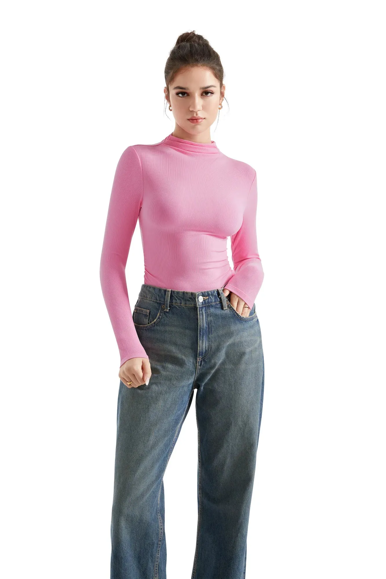 Ribbed Modal High Neck Shirt - Long Sleeve