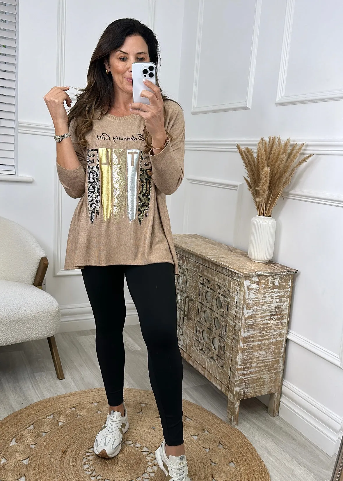 Roseann Beige Foil Print Top