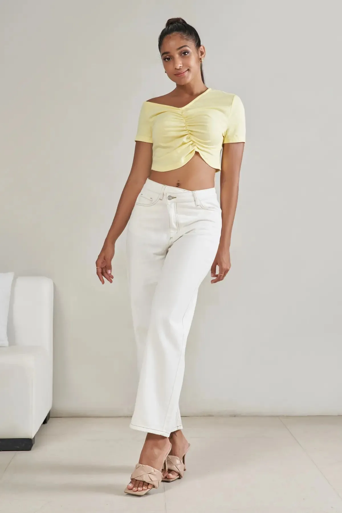 Ruched Asymmetrical Neck Crop Top