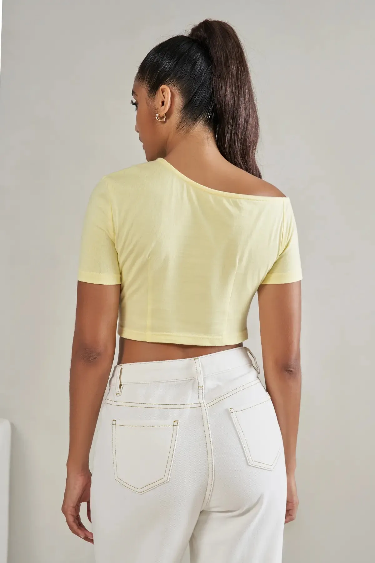 Ruched Asymmetrical Neck Crop Top