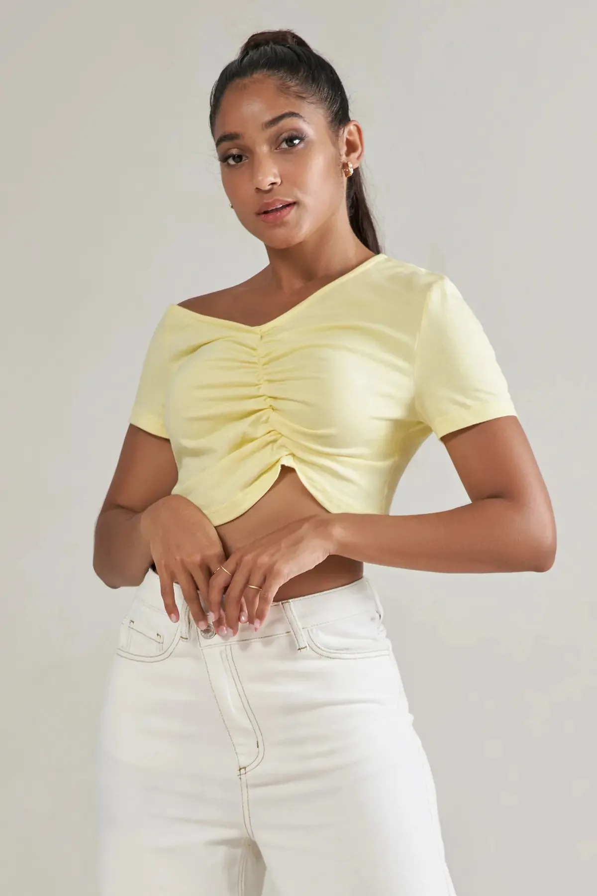 Ruched Asymmetrical Neck Crop Top