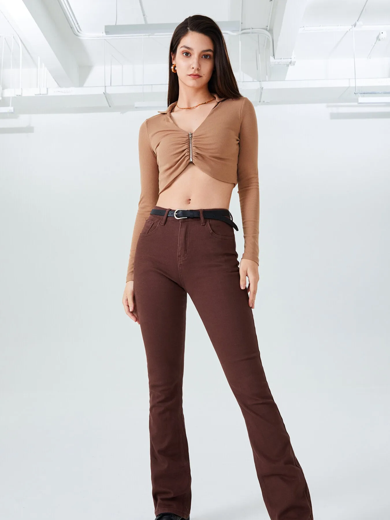 Ruched Zipper Collar Neck Crop Top