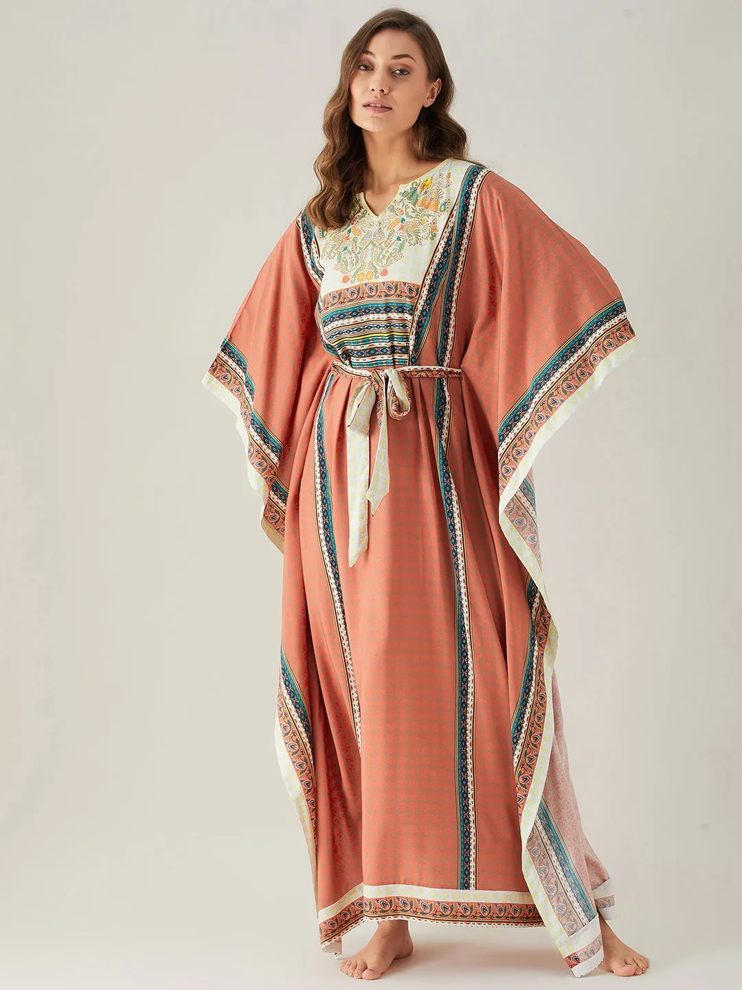 Rust Red Floral Yoke Loungewear Kaftan