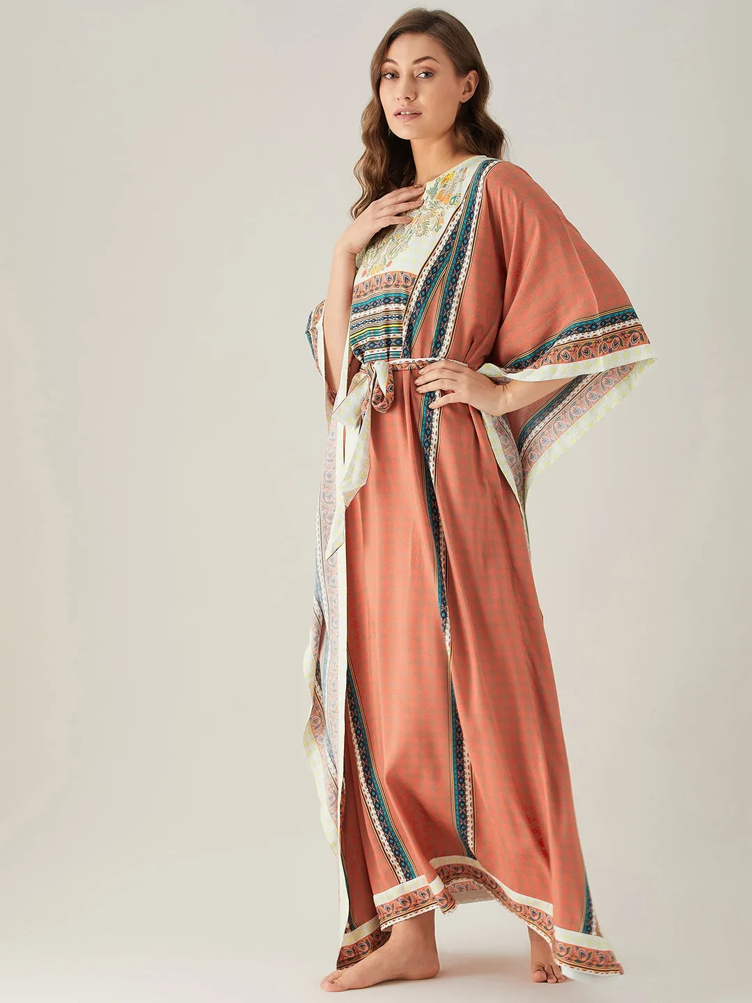 Rust Red Floral Yoke Loungewear Kaftan