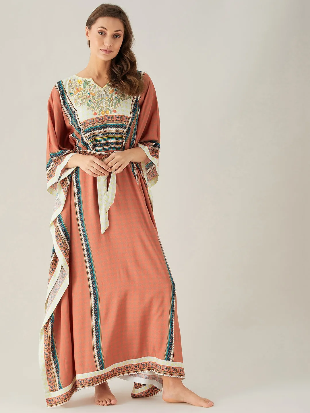 Rust Red Floral Yoke Loungewear Kaftan