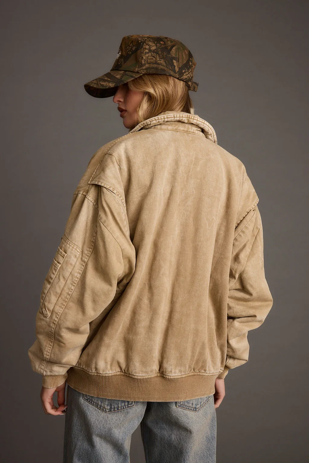 Sawyer Washed Tan Oversized Bomber Jacket