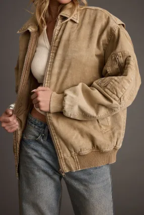 Sawyer Washed Tan Oversized Bomber Jacket