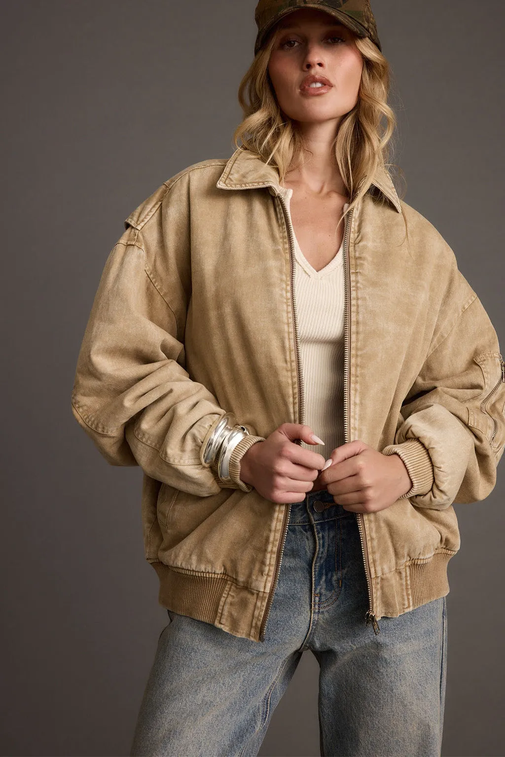 Sawyer Washed Tan Oversized Bomber Jacket