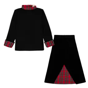 set outfit velour ribbed maxi skirt wrap with plaid detail and top - black/red-110