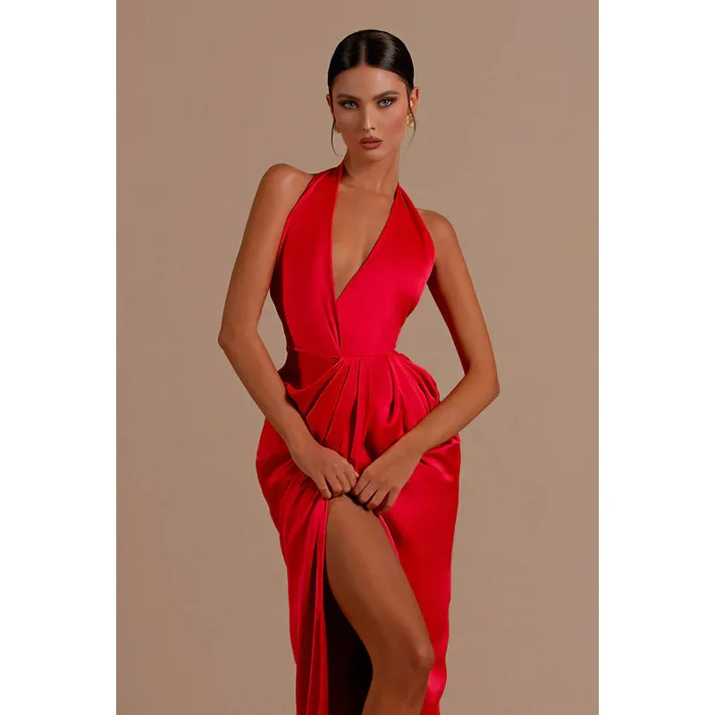 Sheath/Column Halter V Neck Satin Long Evening Dress With Side Slit