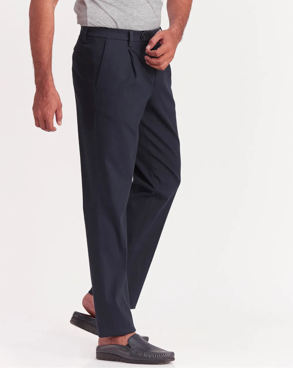 Single Pleated Relaxed Fit Trousers - Navy