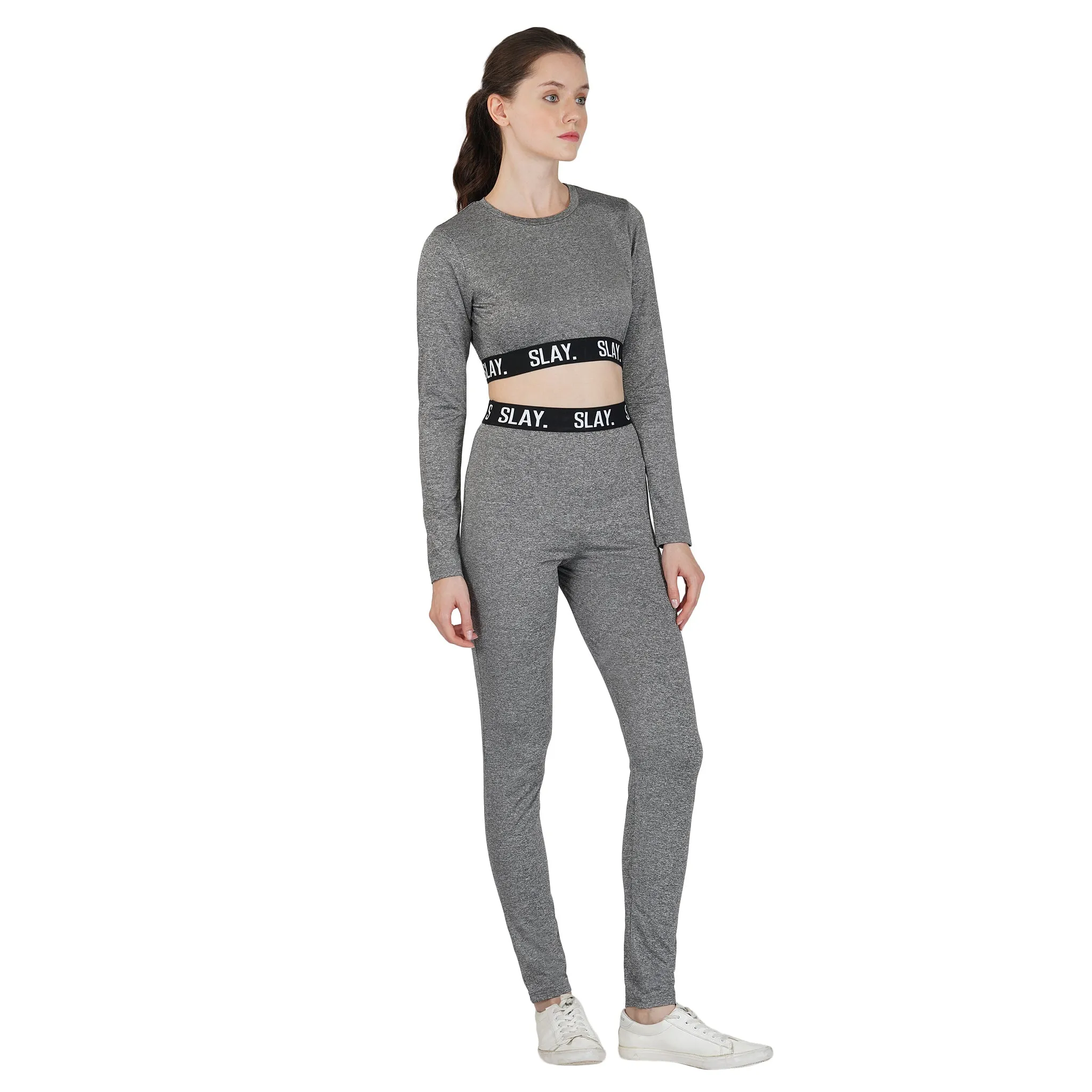 SLAY. Sport Women's Activewear Full Sleeves Crop Top And Pants Co ord Set