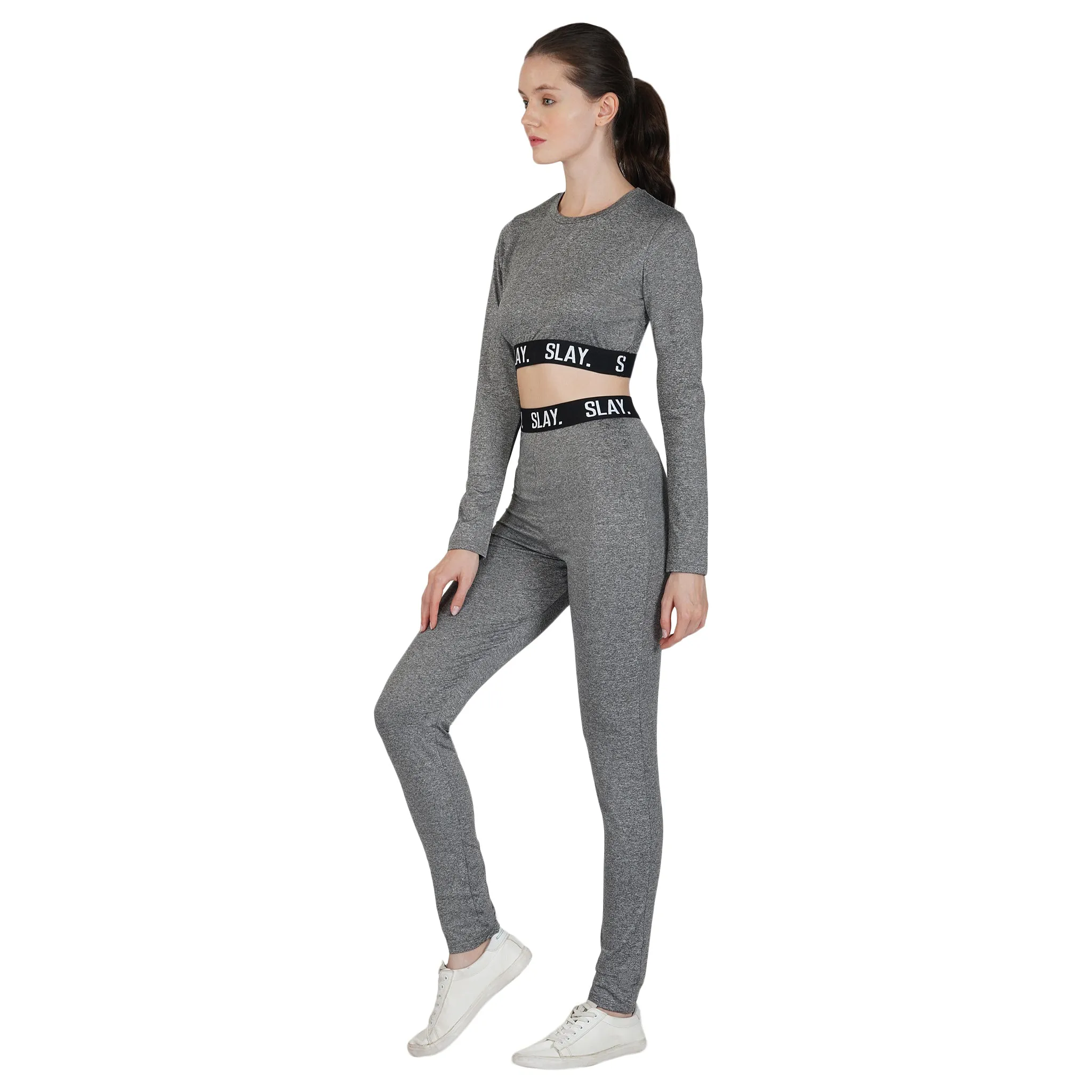 SLAY. Sport Women's Activewear Full Sleeves Crop Top And Pants Co ord Set