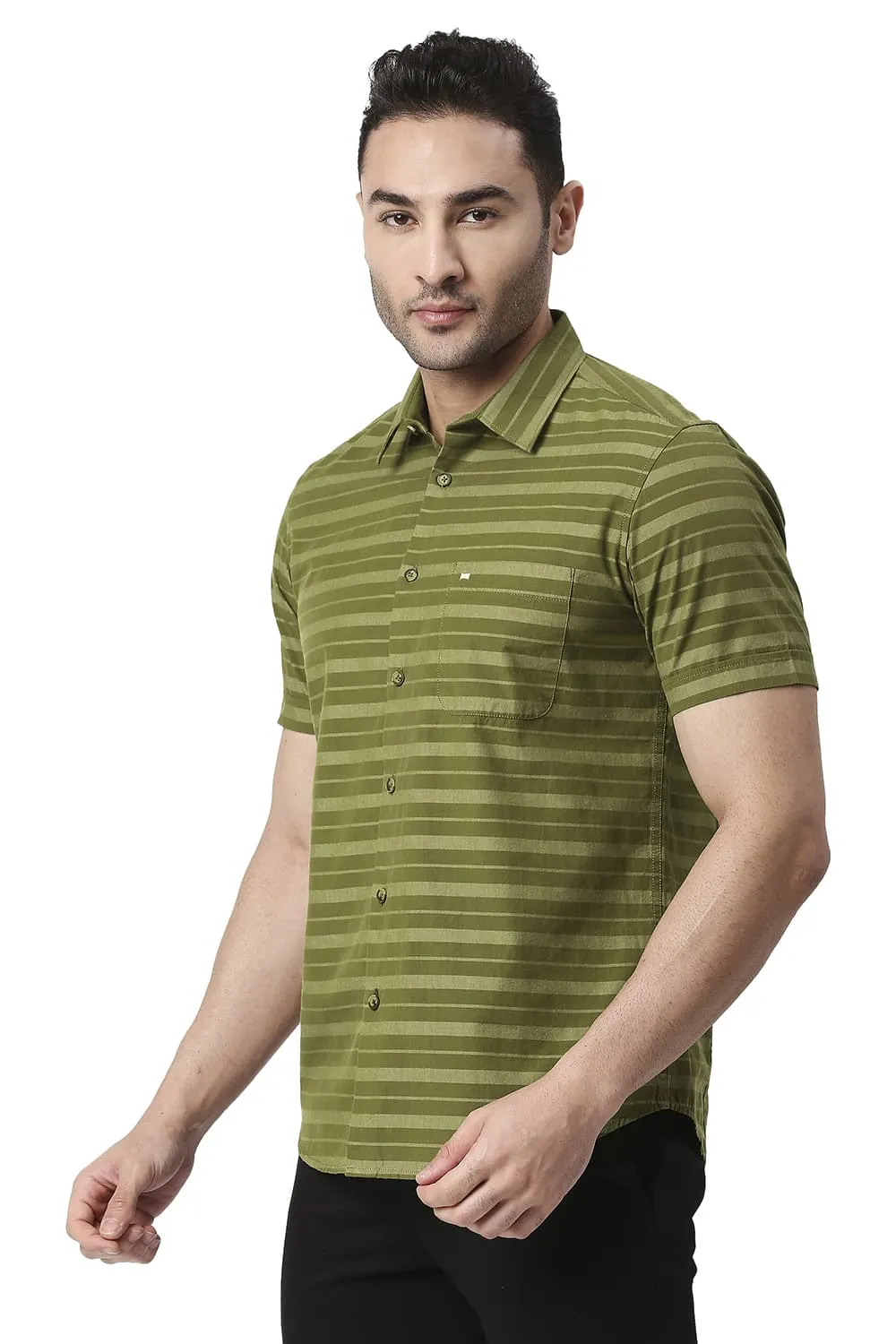 Slim Fit Cotton Weft Stripe Halfsleeves Shirt