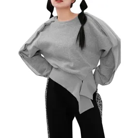 Solid Casual Pullover Sweatshirts For Women Round Neck Long Sleeve Patchwork Asymmetrical Hem Sweatshirt Female