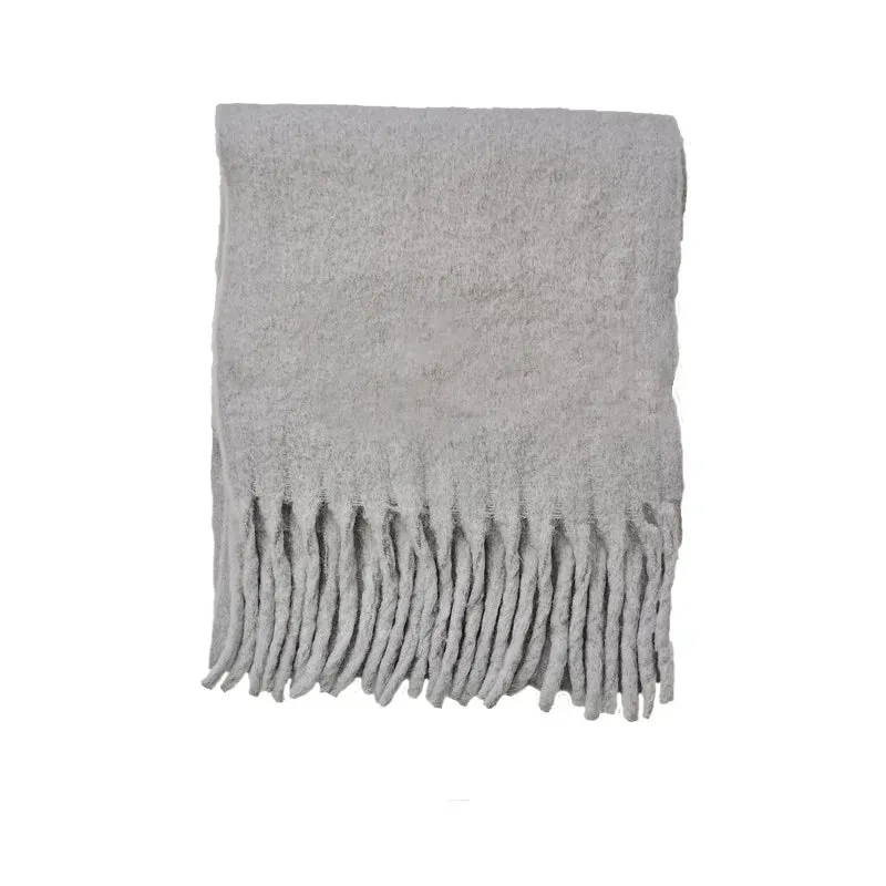 Solid Color Long Muffler Brushed Cashmere Braid Tassel Thick Warm Scarf