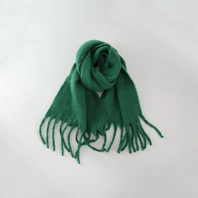 Solid Color Long Muffler Brushed Cashmere Braid Tassel Thick Warm Scarf