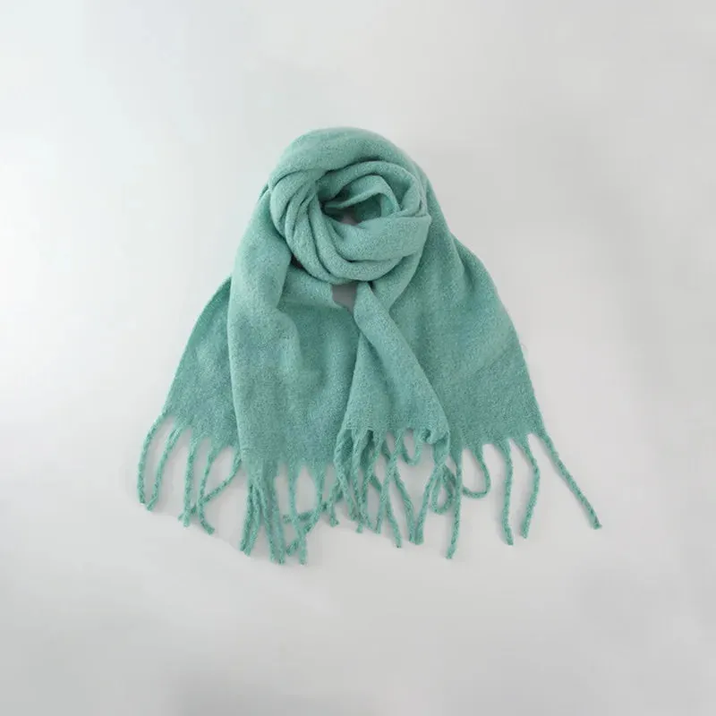 Solid Color Long Muffler Brushed Cashmere Braid Tassel Thick Warm Scarf