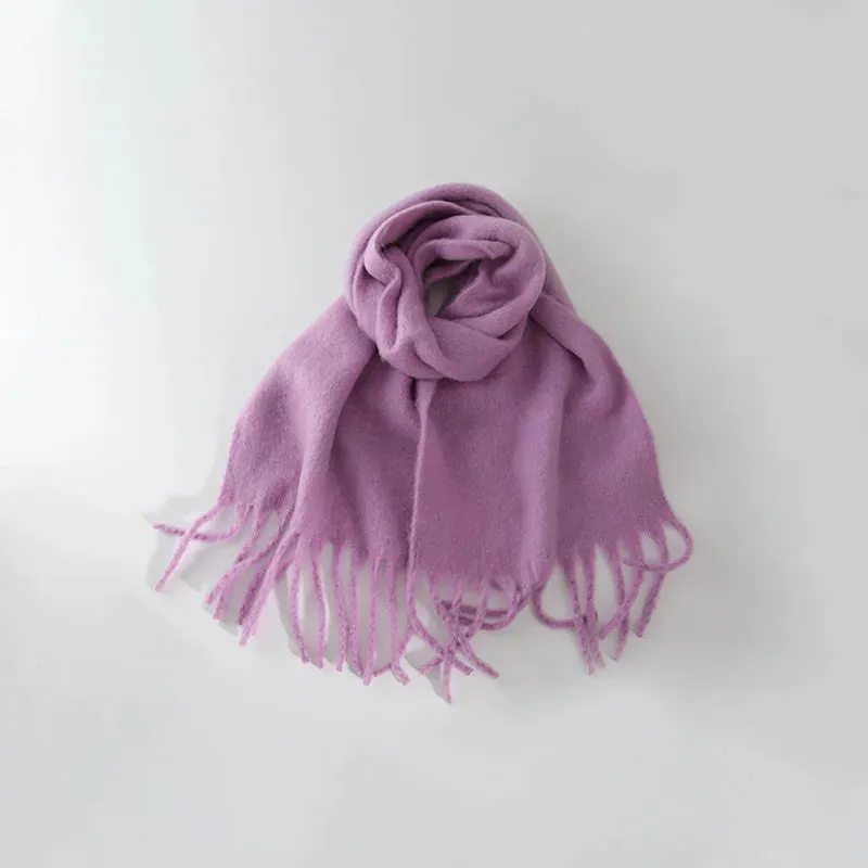 Solid Color Long Muffler Brushed Cashmere Braid Tassel Thick Warm Scarf