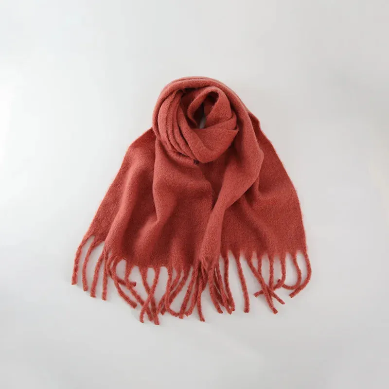 Solid Color Long Muffler Brushed Cashmere Braid Tassel Thick Warm Scarf