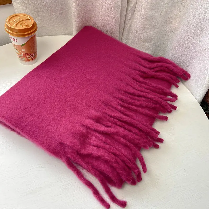 Solid Color Long Muffler Brushed Cashmere Braid Tassel Thick Warm Scarf