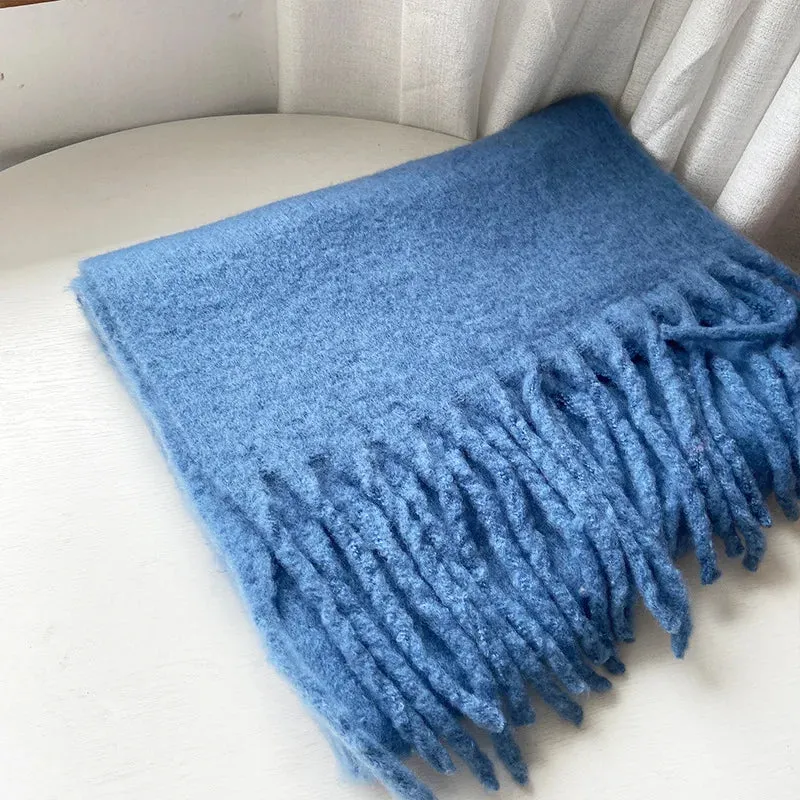 Solid Color Long Muffler Brushed Cashmere Braid Tassel Thick Warm Scarf