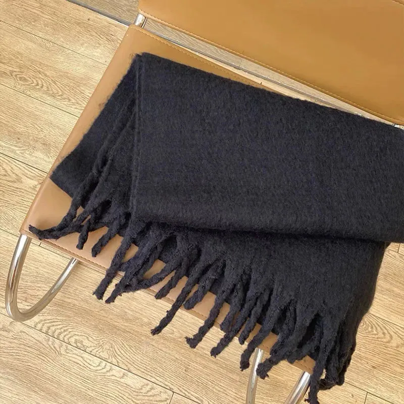 Solid Color Long Muffler Brushed Cashmere Braid Tassel Thick Warm Scarf