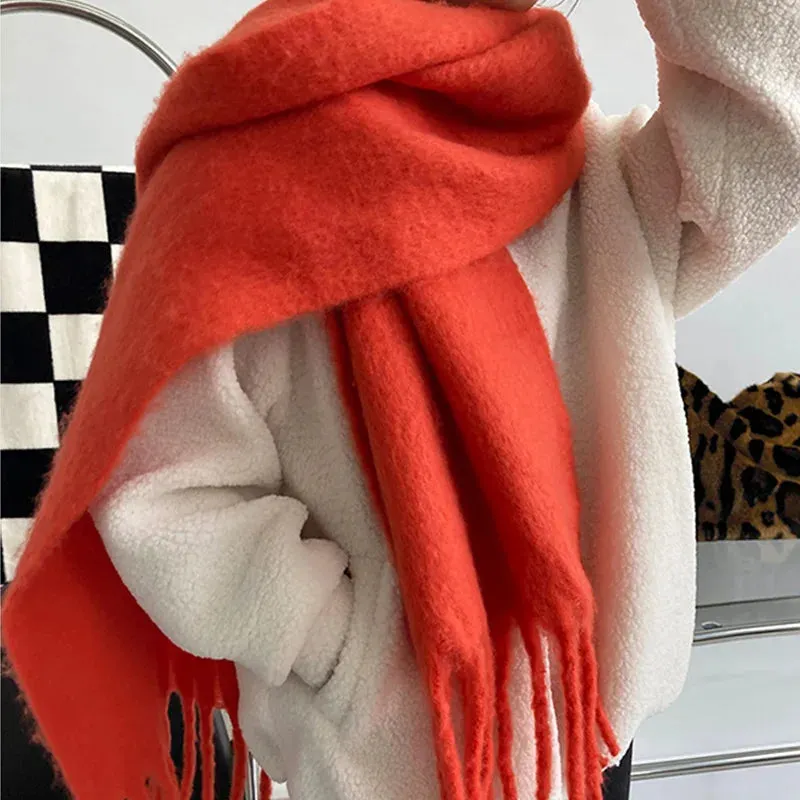 Solid Color Long Muffler Brushed Cashmere Braid Tassel Thick Warm Scarf