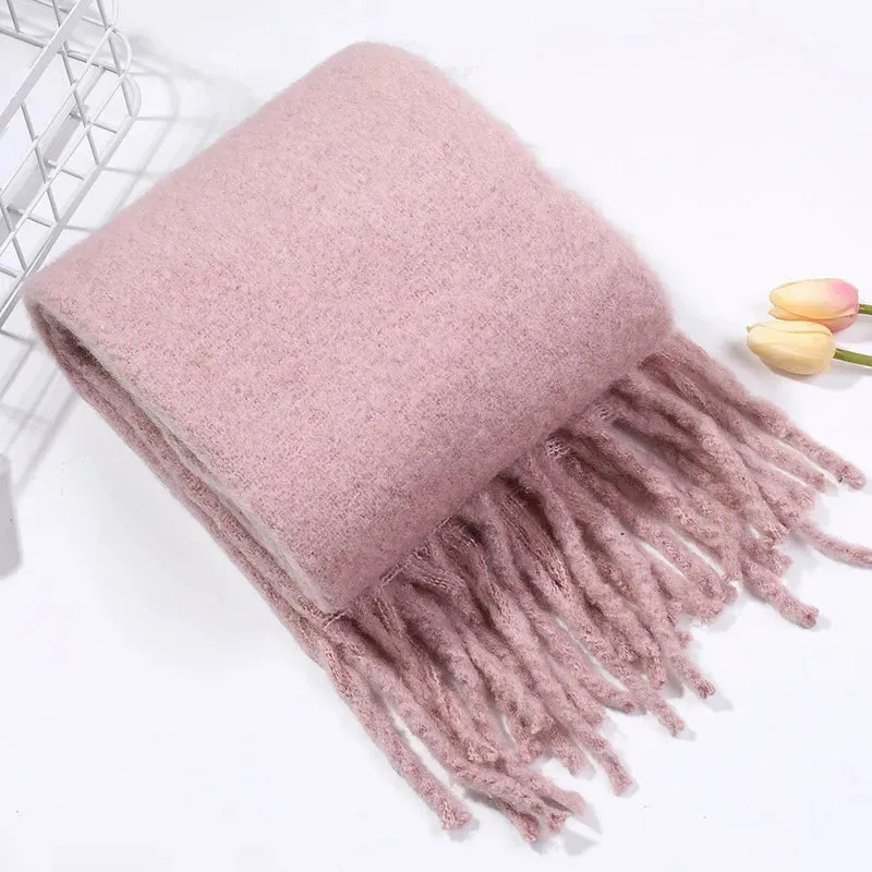 Solid Color Long Muffler Brushed Cashmere Braid Tassel Thick Warm Scarf