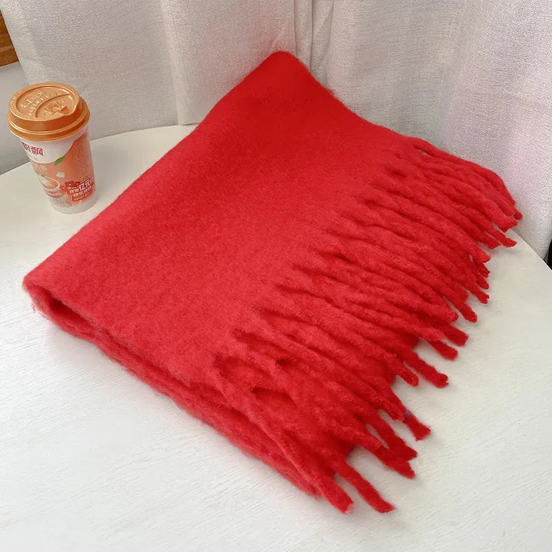 Solid Color Long Muffler Brushed Cashmere Braid Tassel Thick Warm Scarf