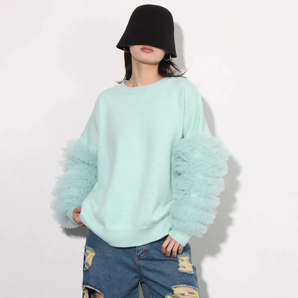 Solid Patchwork Mesh Knitting Sweaters For Women Round Neck Long Sleeve Chic Loose Pullover Sweater Female Fashion