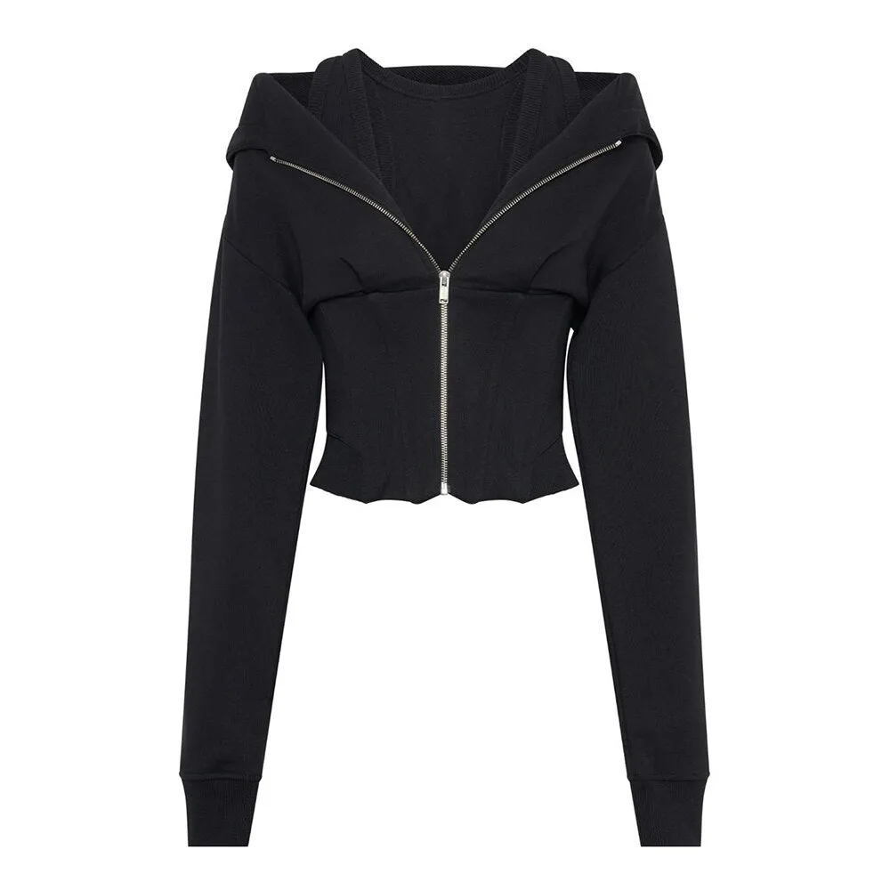 Solid Patchwork Zipper Casual Sweatshirts For Women Hooded Long Sleeves Streetwear Chic Sweatshirt Female Fashion