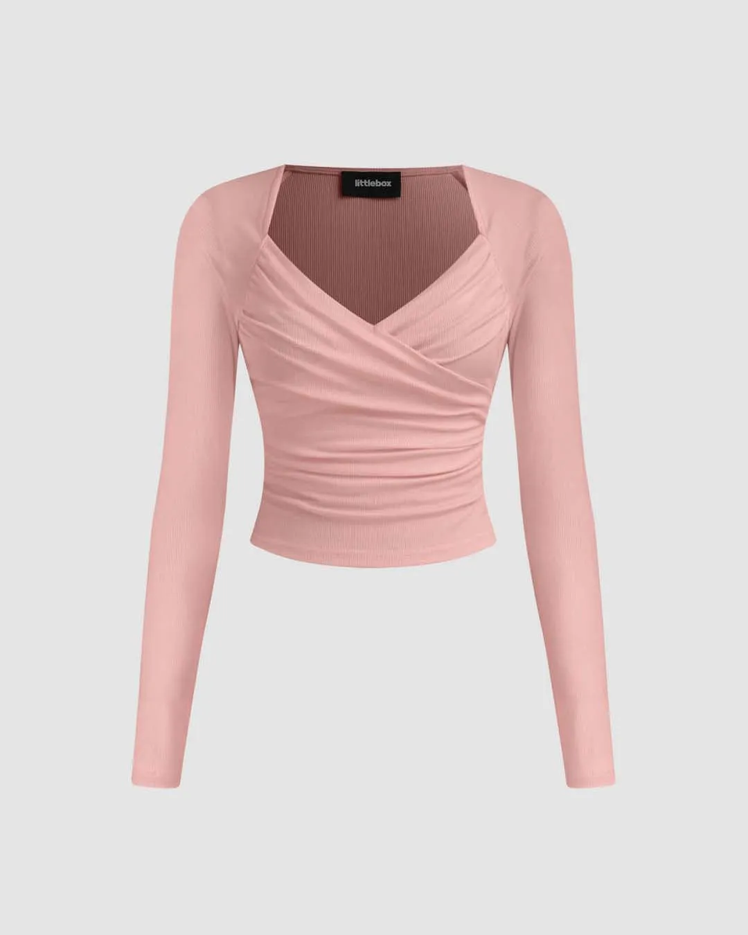 Solid Ribbed V-Neck Full Sleeves Wrap Top In Dusty Pink