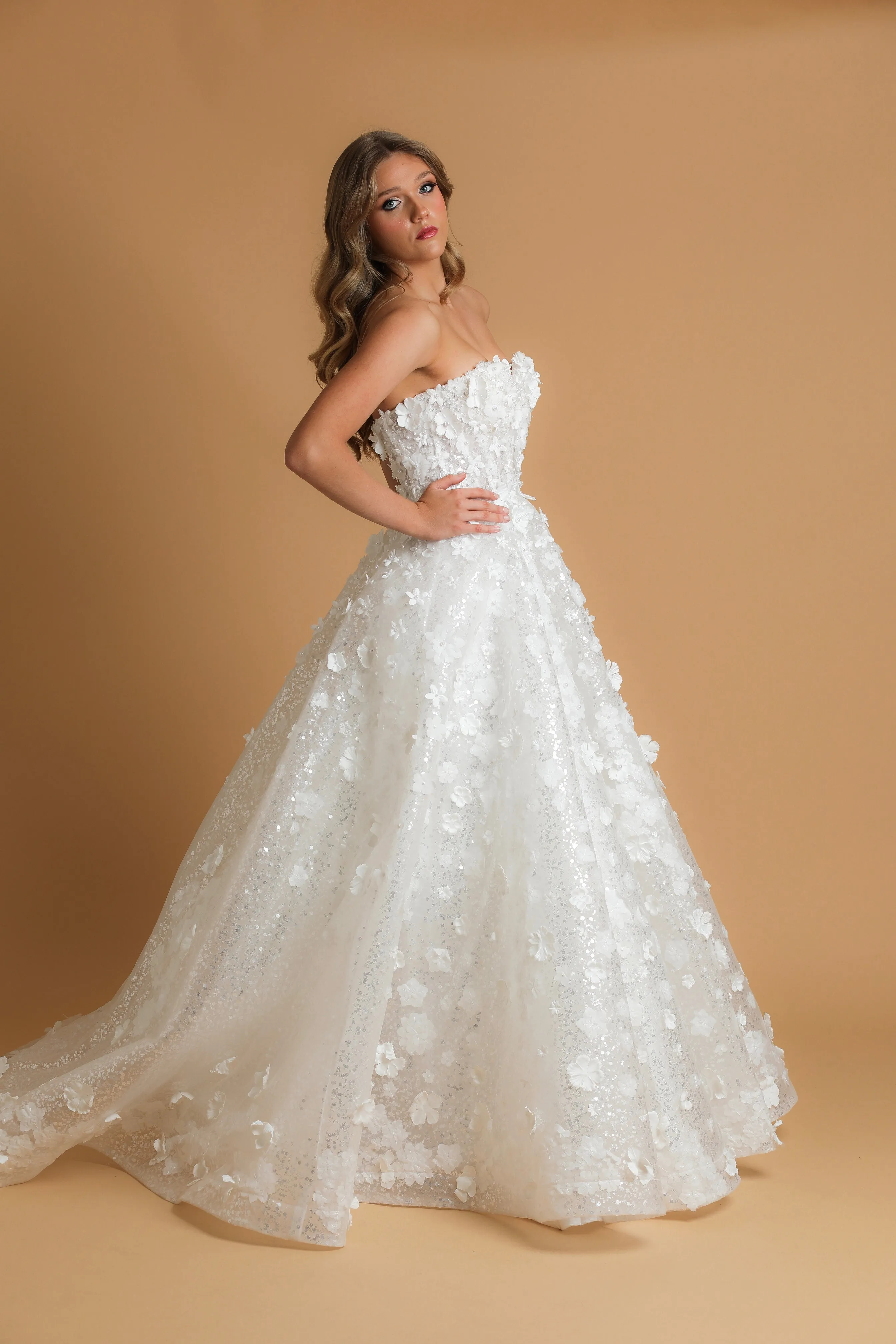 Strapless sparkling 3D flower sequin tulle princess dress for hire